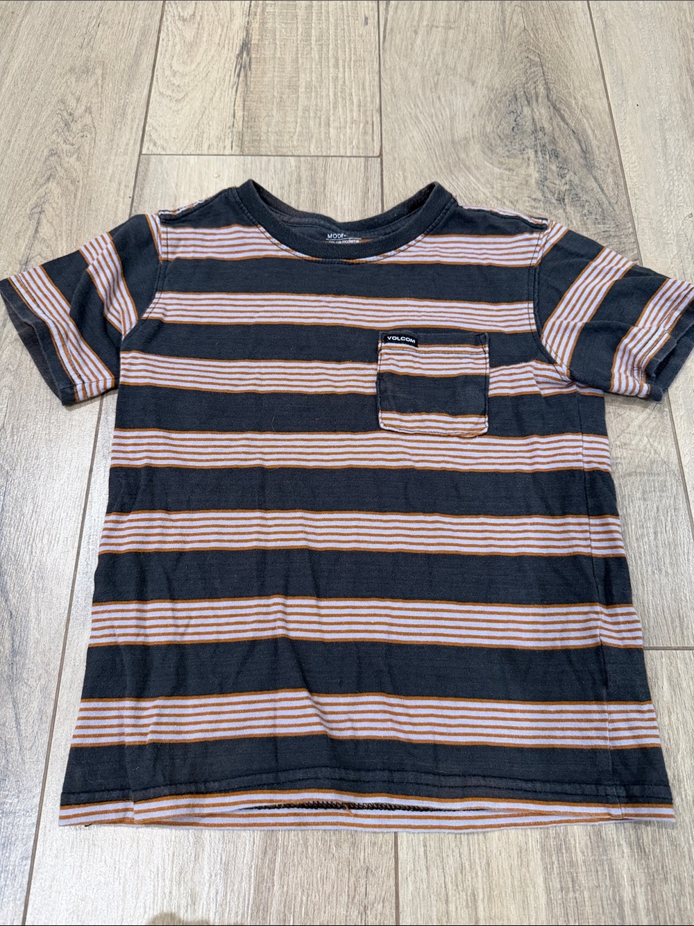 Volcom Black Tee with Brown Stripes and Chest Pocket